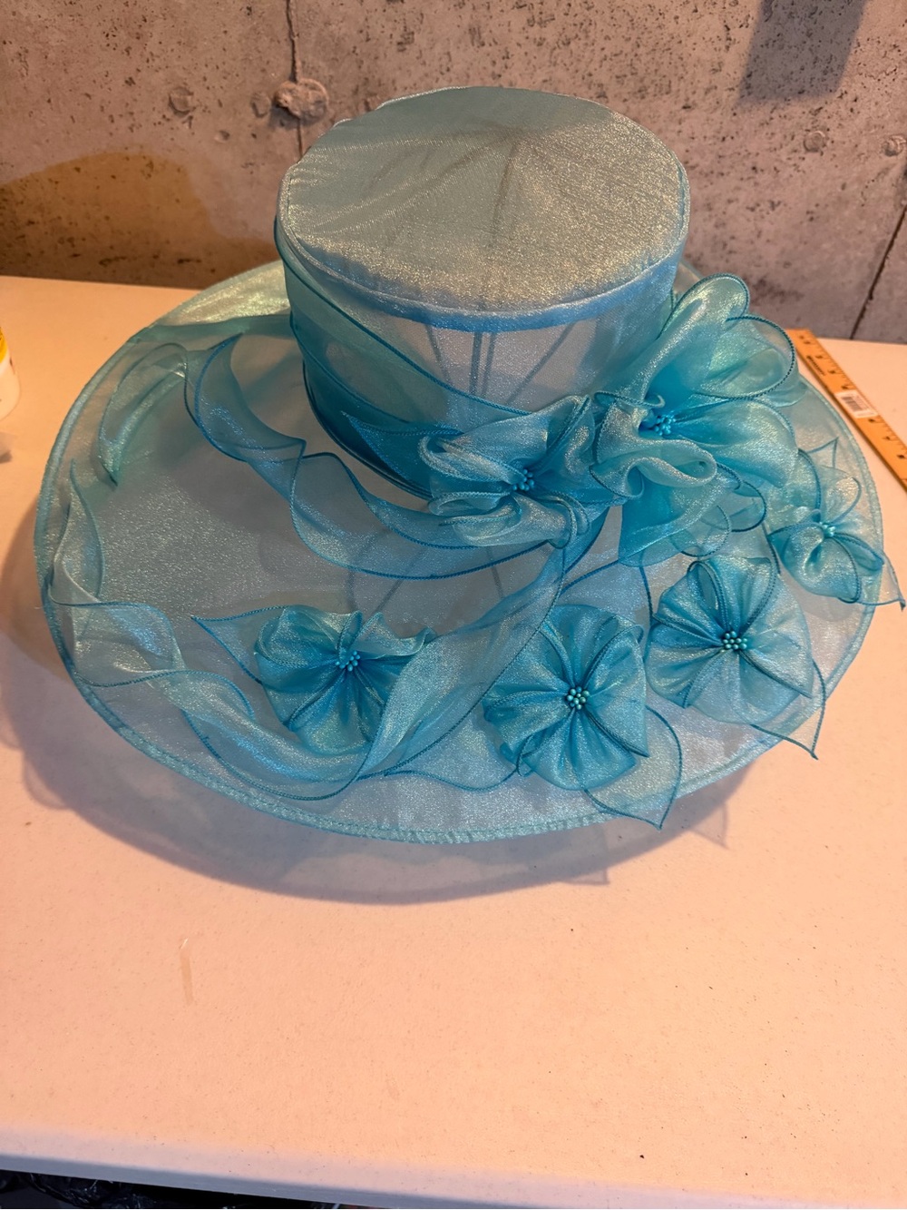 Women's Aqua Organza Wide-Brim Floral hat